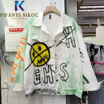 Женская джинсовая куртка с принтом граффити, белая джинсовая куртка с карманами, отложным воротником и длинным рукавом в стиле хип-хоп, женская уличная модная Свободная джинсовая куртка