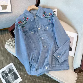 Женская джинсовая куртка с вышивкой, размеры до 150 кг