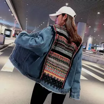 Женская джинсовая куртка в полоску, с вышивкой и аппликацией