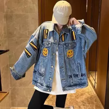 Женская джинсовая куртка Y2k, Новинка осени 2024, джинсовая куртка средней длины с тяжелыми вышитыми буквами, Женская универсальная свободная повседневная куртка