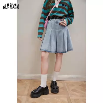 Женская джинсовая плиссированная юбка ELFSACK [Free belt] с высокой талией, новая Универсальная Короткая юбка для колледжа, весна 2024