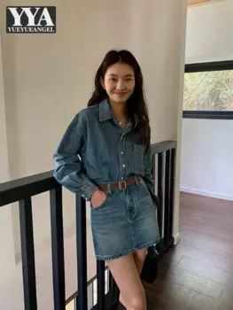 Женская джинсовая рубашка с длинным рукавом и мини-юбка с поясом