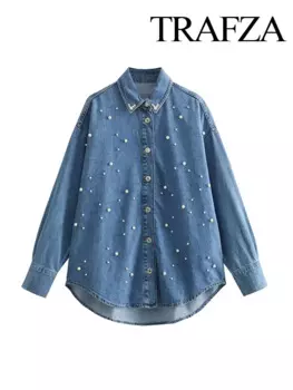 Женская джинсовая рубашка с длинным рукавом, на пуговицах