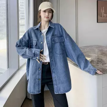 Женская джинсовая рубашка с длинным рукавом, свободного кроя