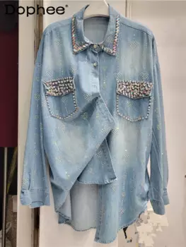 Женская джинсовая рубашка с длинным рукавом, в полоску