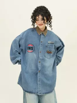 Женская джинсовая рубашка с длинными рукавами и вышивкой