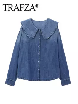 Женская джинсовая рубашка с круглым вырезом и длинным рукавом