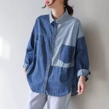 Женская джинсовая рубашка в полоску, с воротником с лацканами