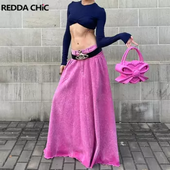Женская джинсовая юбка макси REDDACHiC, розовая винтажная юбка с потертостями и высокой талией, длинная джинсовая юбка с воздушным шариком, Волшебная эстетика, Y2k, одежда