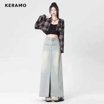 Женская джинсовая юбка с завышенной талией, голубая винтажная трапециевидная юбка в стиле гранж 90-х, с разрезом, Y2K, осень 2023