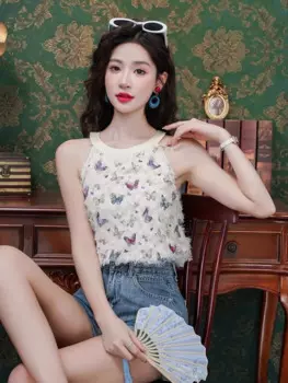 Женская футболка без рукавов, с вышивкой в виде бабочек