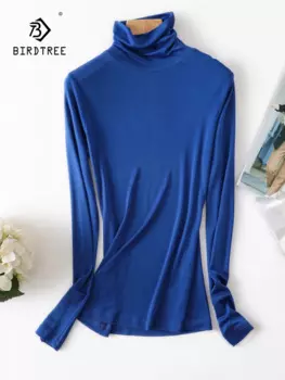 Женская футболка из натурального шелка Birdtree, базовая футболка с высоким воротом, облегающая блузка с длинным рукавом, осенняя рубашка, L-3XL, топ, черно-белые футболки, P36072QC