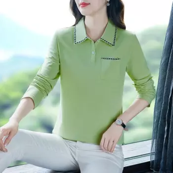 Женская футболка-поло с длинным рукавом, из хлопка