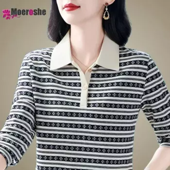 Женская футболка-поло с длинным рукавом, в полоску