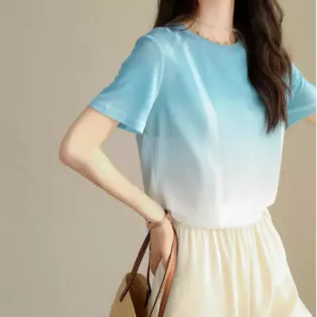 Женская футболка радужного цвета с градиентом, шелковая свободная футболка с круглым вырезом и коротким рукавом, вязаная футболка