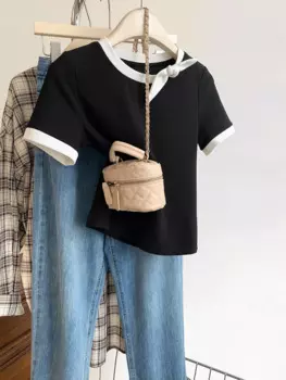 Женская футболка с бантом Y2K, летняя повседневная Универсальная футболка контрастных цветов с коротким рукавом