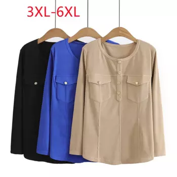 Женская футболка с длинным рукавом и круглым 2023 Женская рубашка с длинным рукавом O воротник синий футболка 3XL 4XL 5XL 6XL, размеры до 6XL