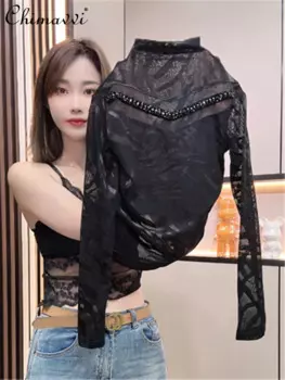 Женская футболка с длинным рукавом и высоким воротником, осенняя облегающая футболка с вырезами