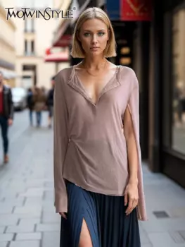 Женская футболка с длинным рукавом TWOTWINSTYLE, однотонная Минималистичная футболка с V-образным вырезом и разрезом,