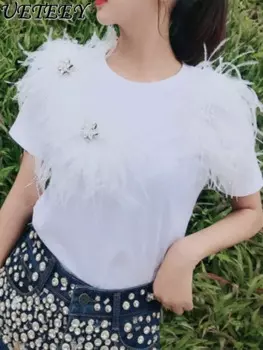 Женская футболка с коротким рукавом и перьями, Однотонная футболка большого размера с круглым вырезом, лето 2024