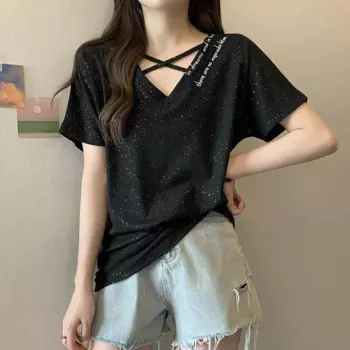 Женская футболка с коротким рукавом и V-образным вырезом