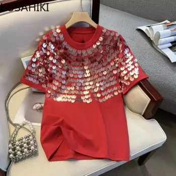 Женская футболка с коротким рукавом, с блестками