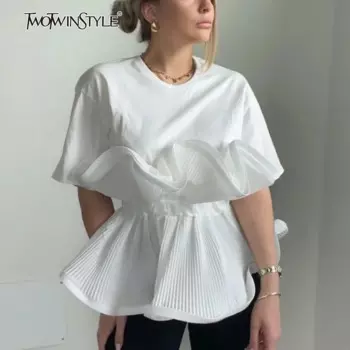 Женская футболка с оборками TWOTWINSTYLE, белая однотонная Повседневная Туника с круглым вырезом и короткими рукавами на лето 2019