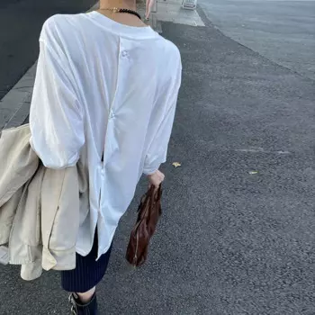 Женская футболка с разрезом на пуговицах, свободная белая футболка с открытой спиной и коротким рукавом