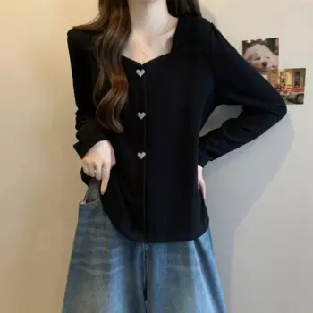 Женская футболка с V-образным вырезом, длинным рукавом