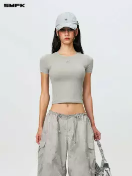 Женская футболка SMFK с вышивкой и принтом, короткий рукав в стиле хип-хоп, пикантный облегающий кроп-топ, однотонная короткая футболка с круглым вырезом, на лето