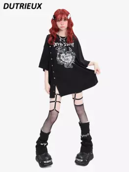 Женская футболка средней длины, черная свободная футболка с круглым вырезом и открытыми плечами, лето