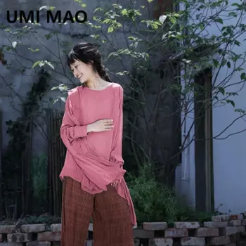 Женская футболка UMI MAO с асимметричным подолом, гладкий пуловер для ухода за кожей, топ со складками по бокам, женская рубашка с длинным рукавом
