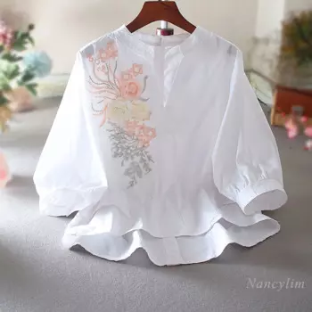 Женская хлопковая блуза с V-образным вырезом и коротким рукавом