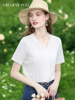 Женская хлопковая блузка с V-образным вырезом и коротким рукавом