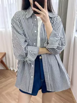 Женская хлопковая рубашка-поло в полоску, с вышивкой