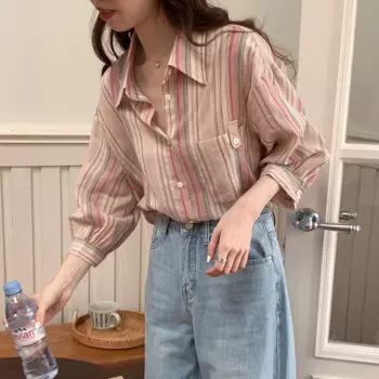 Женская хлопковая рубашка в полоску, универсальная Свободная блузка с рукавом 3/4 и отложным воротником