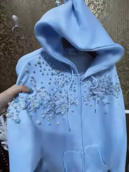 Женская хлопковая толстовка с капюшоном и блестками, на молнии