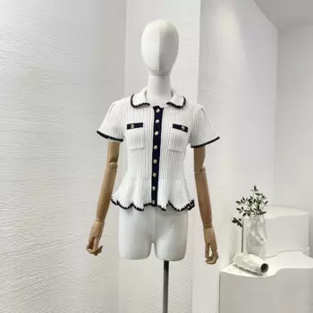 Женская классическая белая одежда, высококачественный кардиган с коротким рукавом и отложным воротником, кардиган с черной отделкой, топы 2024