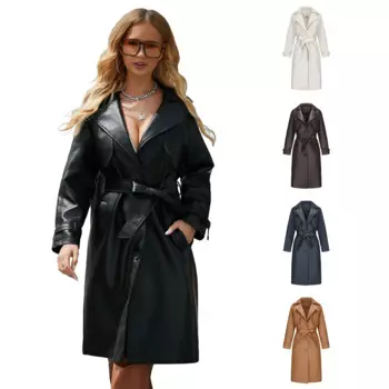 Женская классическая длинная кожаная куртка, Демисезонная женская куртка из искусственной кожи с лацканами, куртка оверсайз с ремнем, 2024