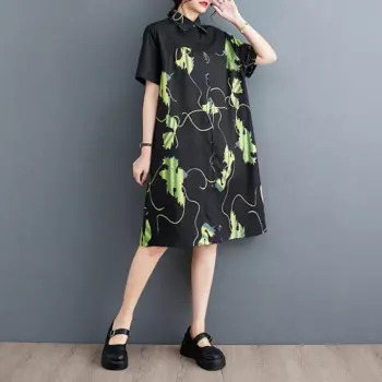 Женская классическая рубашка большого размера с принтом зеленого виноградного листа, летнее повседневное платье миди с короткими рукавами