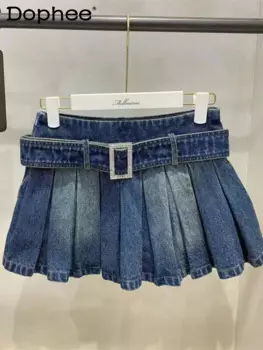 Женская короткая джинсовая юбка, летняя трапециевидная мини-юбка с Вышивкой Букв и ремнем, голубая плиссированная юбка, 2023