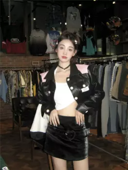 Женская короткая куртка из искусственной кожи, Повседневная Лоскутная куртка из искусственной кожи, Y3827, весна 2023