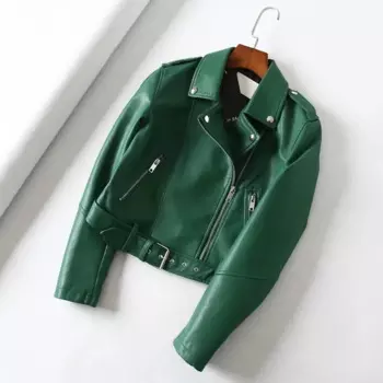 Женская короткая мотоциклетная куртка из искусственной кожи с поясом и пряжкой