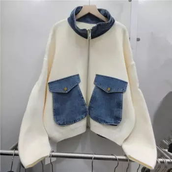 Женская короткая трикотажная куртка, повседневный ковбойский кардиган абрикосового цвета с большими карманами и воротником-стойкой, уличная одежда для весны и осени