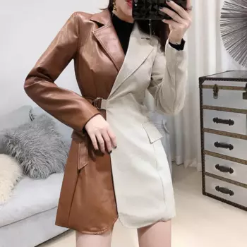 Женская кожаная куртка из ПУ кожи, с поясом