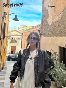 Женская кожаная куртка на молнии с карманами в стиле ретро, модное однотонное короткое пальто с круглым вырезом и длинным рукавом, Женская облегающая куртка из искусственной кожи, верхняя одежда, 2024