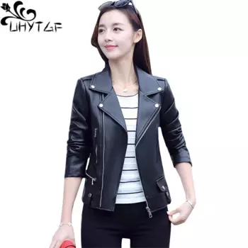 Женская кожаная куртка UHYTGF, весенне-осенняя облегающая короткая куртка из искусственной кожи, приталенная байкерская куртка, топы большого размера из мытой кожи, 827
