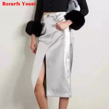 Женская кожаная юбка высшего качества Gnuine, серебристая юбка, Женская Повседневная приталенная юбка с металлическим блеском и разрезом спереди