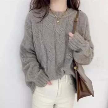 Женская крученая блузка, однотонный легкий пуловер с круглым вырезом, Осень-зима
