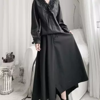 Женская кружевная блузка лавандового цвета, однотонная винтажная блузка с длинным рукавом и V-образным вырезом, осень